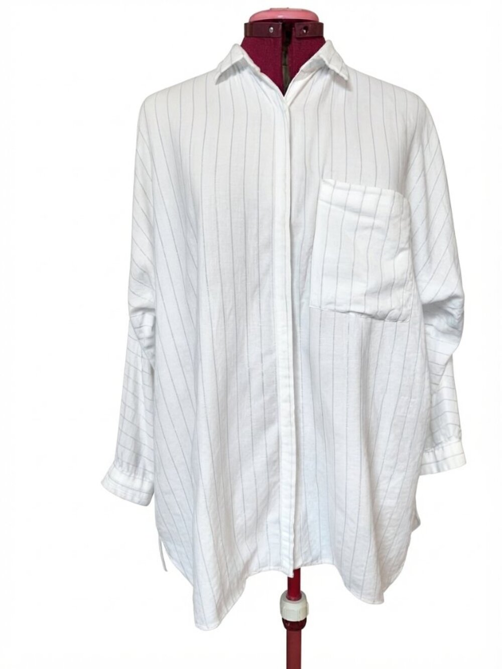 ZARA - Zara Woman White & Gold Metallic Pinstripe Oversized Shirt - Medium
